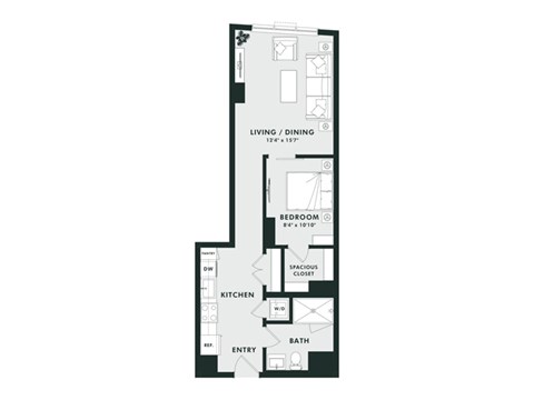 Floor plan for 1 bed, 1 bath, 657 sqft